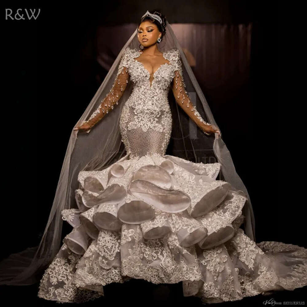 R&W 2024 Plus Size Mermaid Wedding Dresses Bridal Gowns Illusion Long Sleeves Sheer Neck Beaded Lace Tiered Tulle CrystalWedding Gown for African Blac