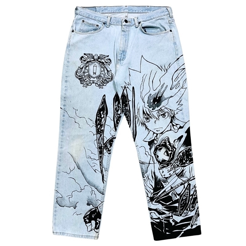 Harajuku anime graphic y2k pants 2024 style wide leg jeans streetwear men high waist trouser clothing y240905