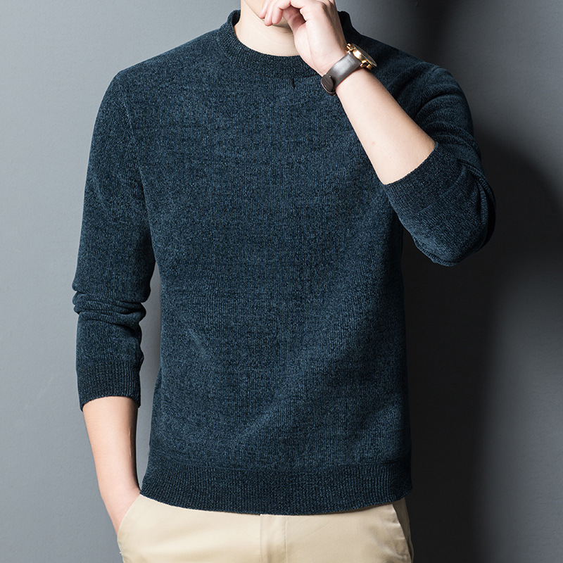 2024 new designer winter men's middle-aged and young loose bottom knitted sweater round neck plush thick chenille autumn and winter warm sweater 