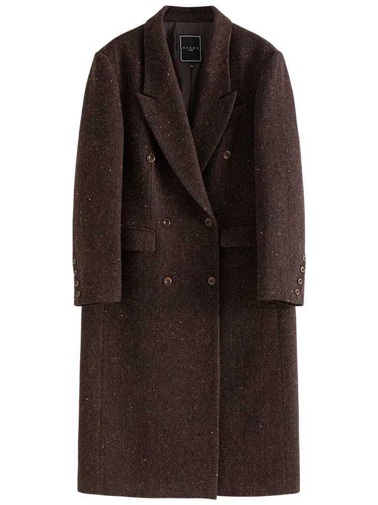 DUSHU Retro Sense Dark Coffee Brown Color Double Breasted Long Wool Coat for Women 2023 Winter Chic Design Woolen Coat FemaleX241009