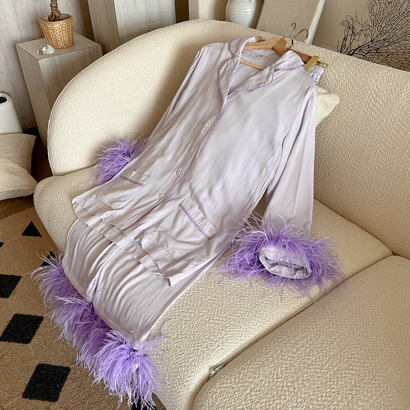 2024 Long Sleeved Sleepwear 100% Ostrich Feather Pamas For Women Home Clothes Two Piece Purple Pama Set Party Wear