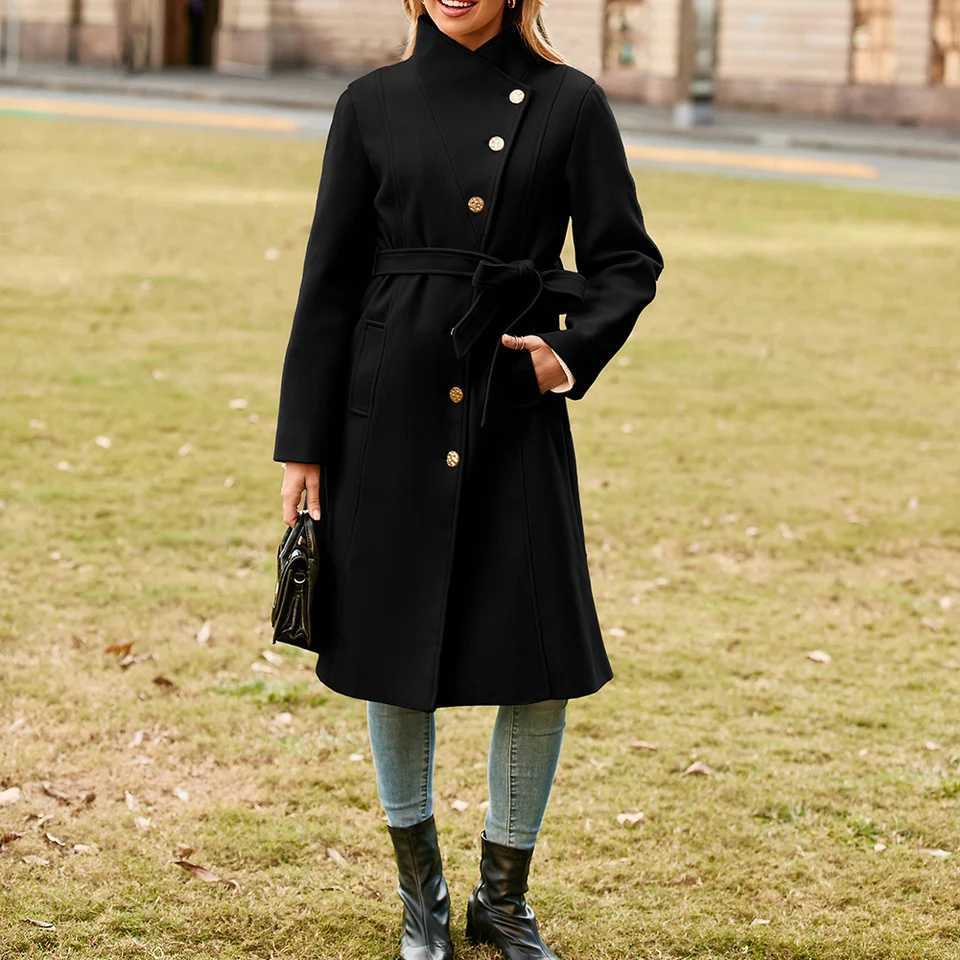 GK Women Coat Button Winter Woolen Fabric Overcoat Stand Collar Single Breasted Below Knee Coat Streetwear Woman OuterwearX241009