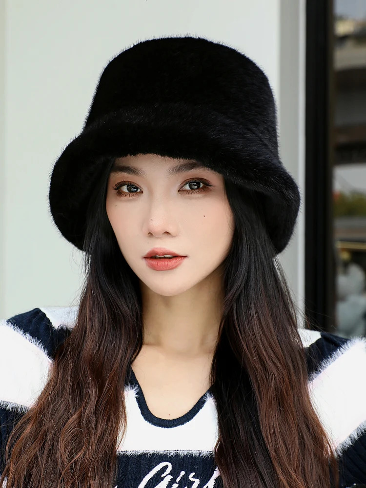 mink bucket elegant womens winter hat n fashionable faux fur knitted warm bean 241009