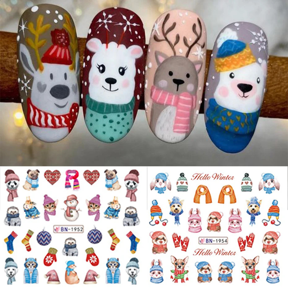 12 Cute Christmas Nail Stickers with Bird Bear Cartoon Animal Snowflake Slide Water Decoration Tips 241008