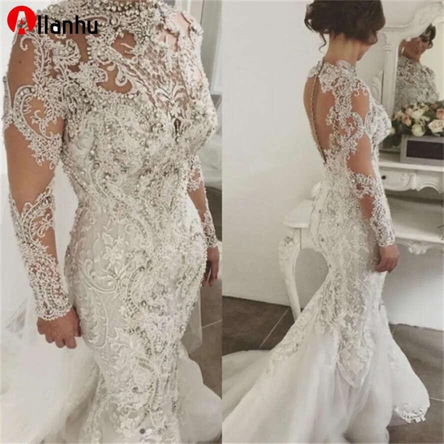 Beaded 2022 Lace Urious Mermaid Dresses Illusion Back Sheer Long Sleeves Plus Size Bridal Gowns Wedding Dress Bc0097