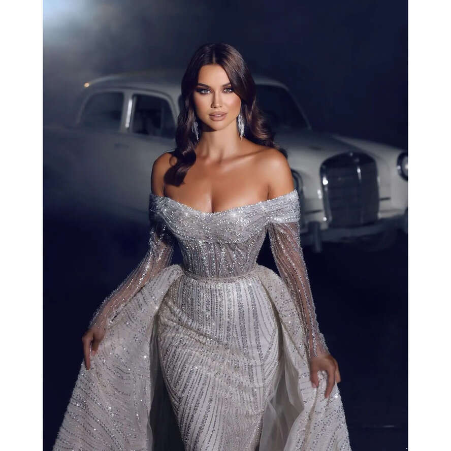 Wedding Long Sleeves Sparkg Bateau Off Shoulder Sequins Appliques 3D Lace Formal Dresses Detachable Bridal Gowns Sweep Train De Novia Custom Made