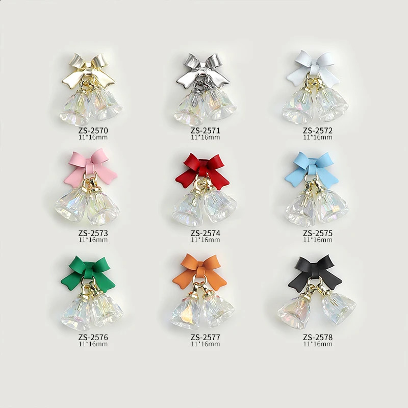 10 Christmas Bell Zircon Crystal Bow Water Diamond Nails 3D Charm Decoration Jewelry Nail Accessories Manicure 241008