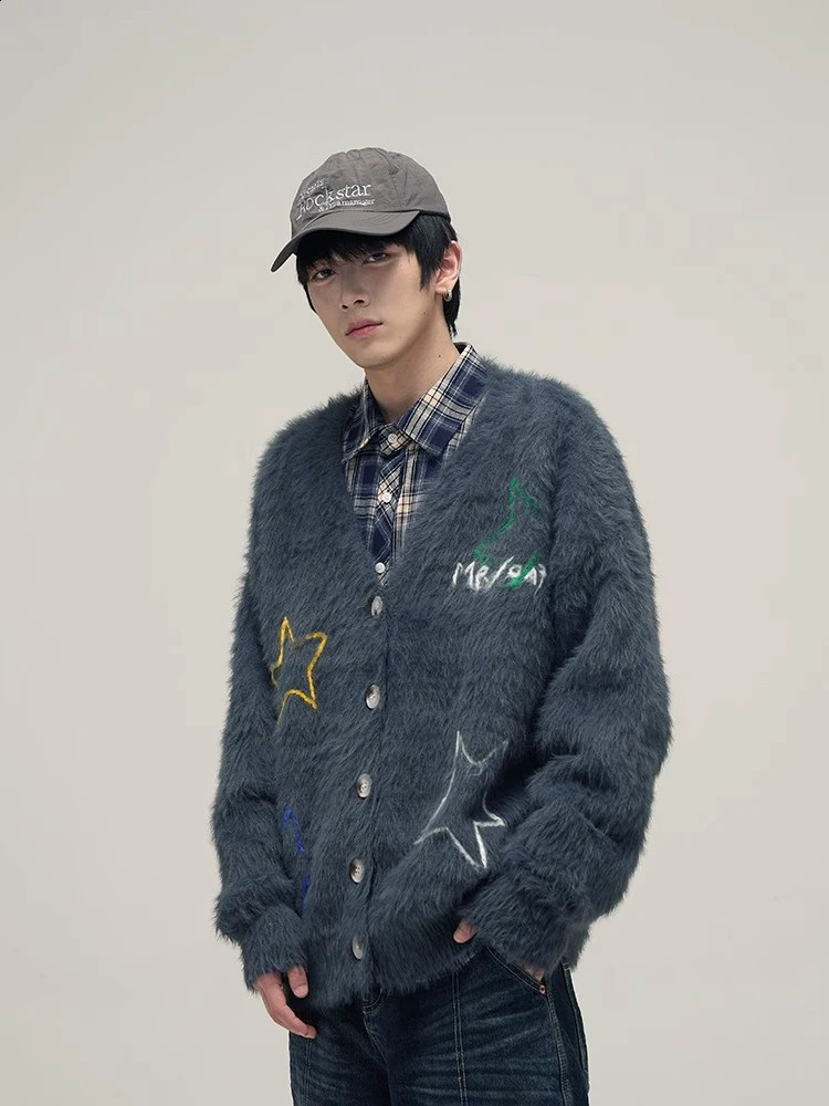 Reddachic Star Embroidered Cardigan Mens Retro Y2k Casual V-neck Button Mohair Knitted Jacket Acubi Fashion Jacket 241007