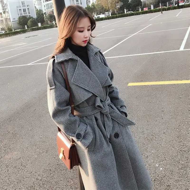 Womens Woolen Coat Autumn Winter Korean Long Sleeve Double Breasted Pocket Sashes Parkas Wool Jackets Loose All Match OvercoatX241009