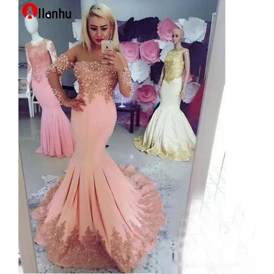 Dresses With Prom Mermaid Gold Lace Applique Beaded Off The Shoulder Long Sleeves Crystals Custom Made African Evening Gown Formal Ocn Wear Vestidos