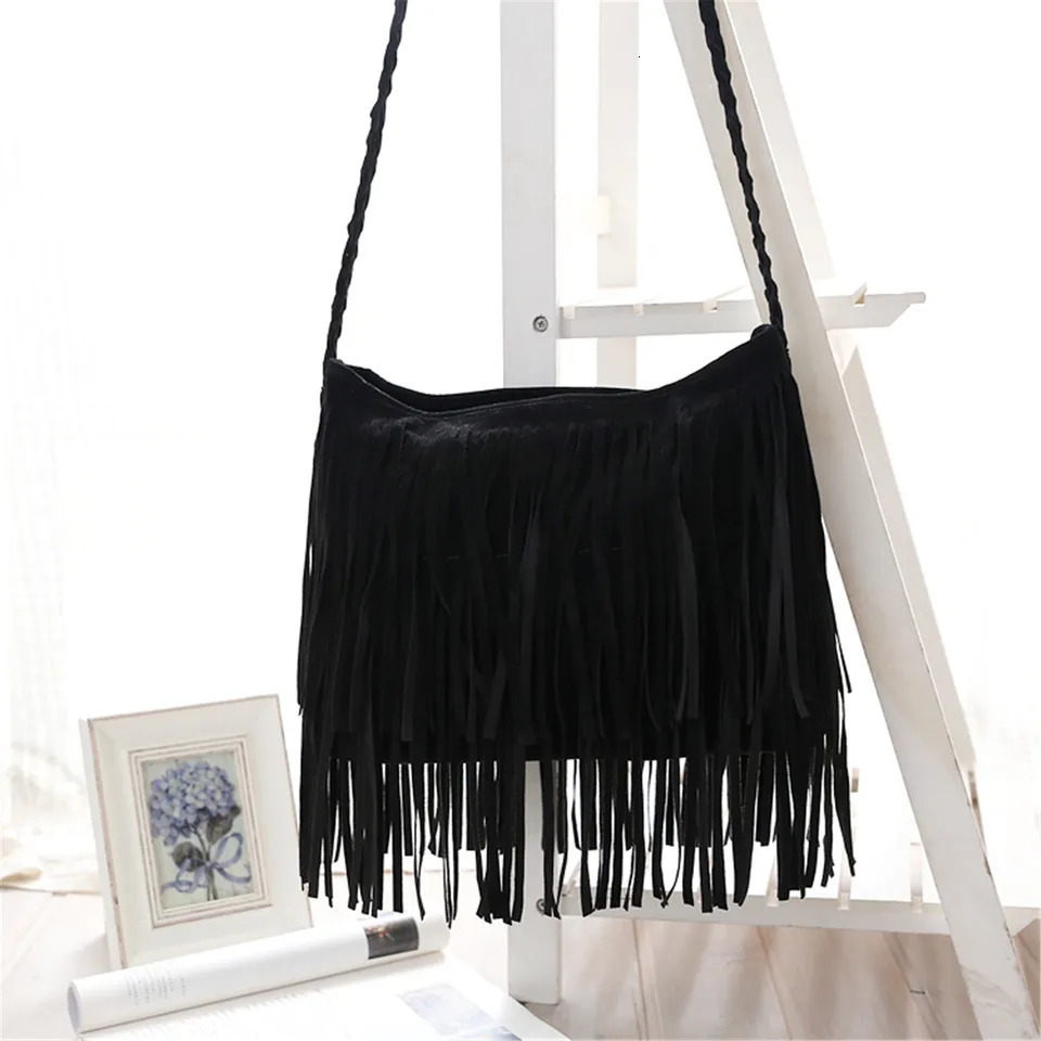 Fashionable womens shoulder bag frosted tassel fashion ten font foreskin leather velvet messenger bag casual handbag shopping bag 241008