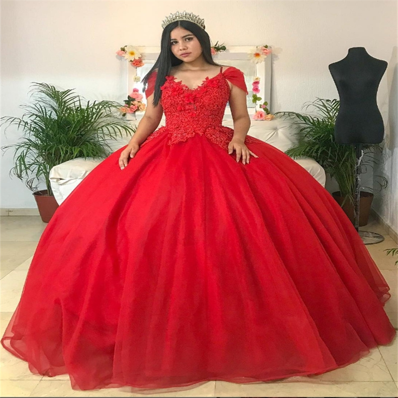 Elegant Red Quinceanera Dress Cap Sleeve Lace Ball Gown Vestido De Debutante 15 Anos Floor Length Tulle Sweet 16 Dress Birthday Vestidos De Xv Anos Cu