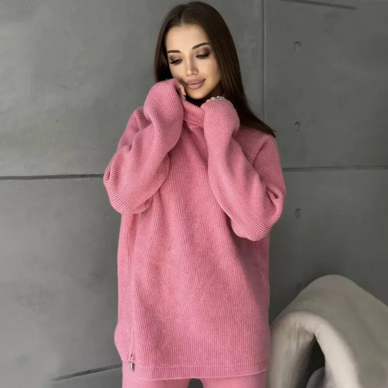 Talenza Knitted Sweater Set Womens Solid Turtle Collar Zipper Top 2piece Autumn Pants 241008