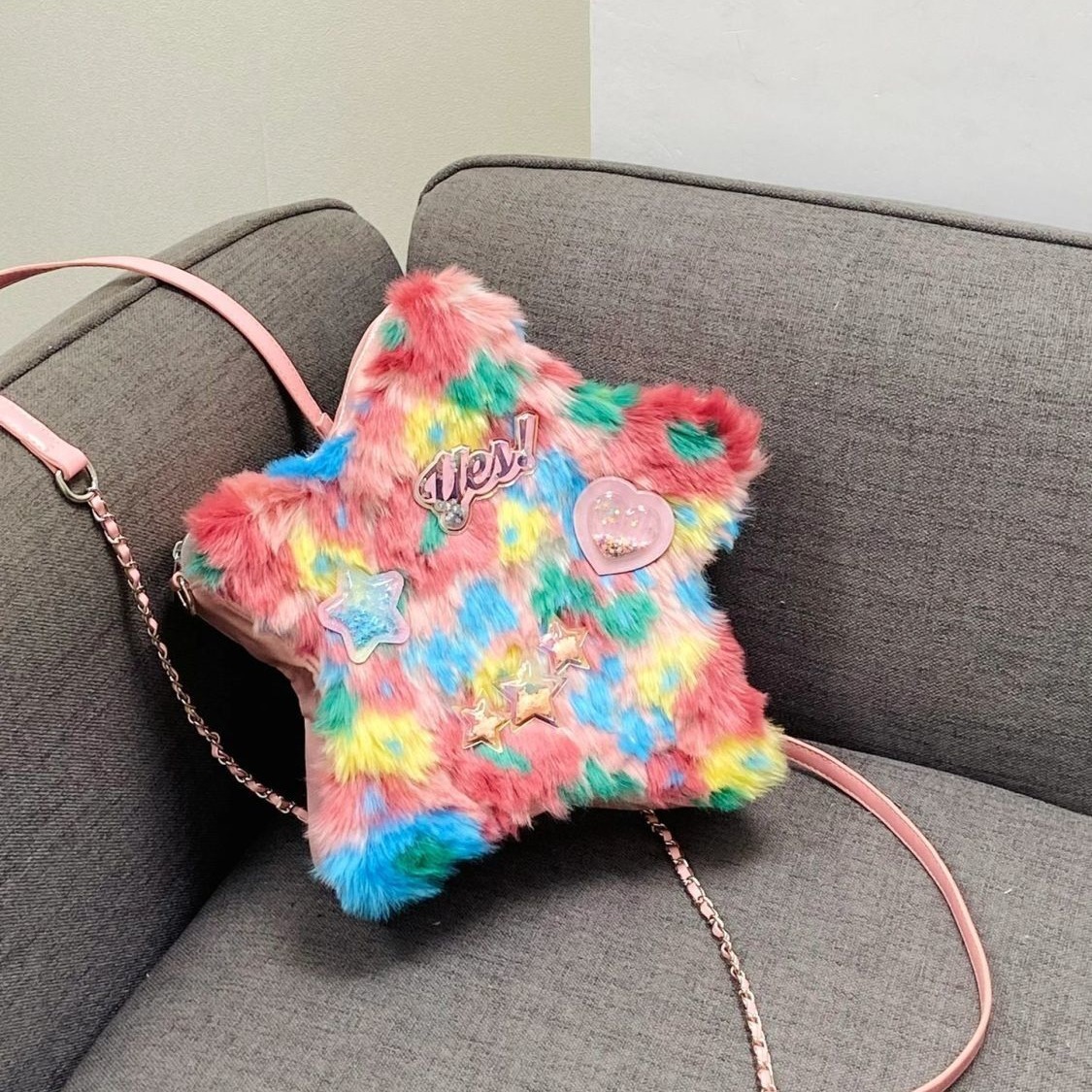 New original oil painting color plush five-pointed star backpack DIY Glitter letter chain backpack