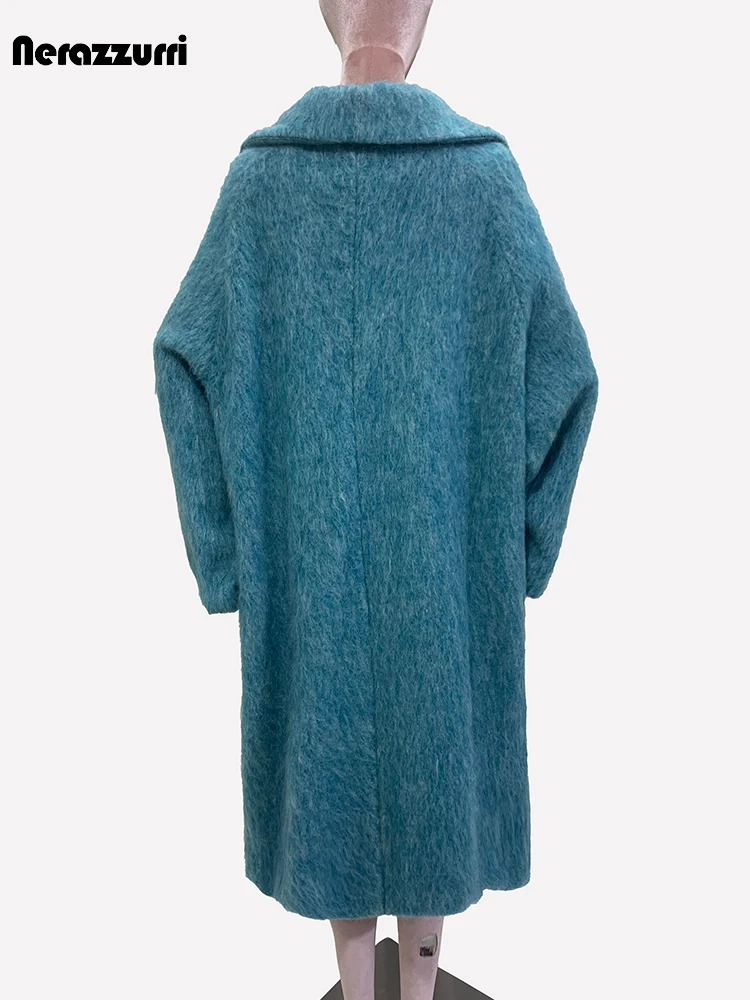 Nerazzurri Autumn Winter Long Oversized Thick Warm Soft Blue Woolen Coat Women Single Button Loose Casual Korean Fashion 2024 240930
