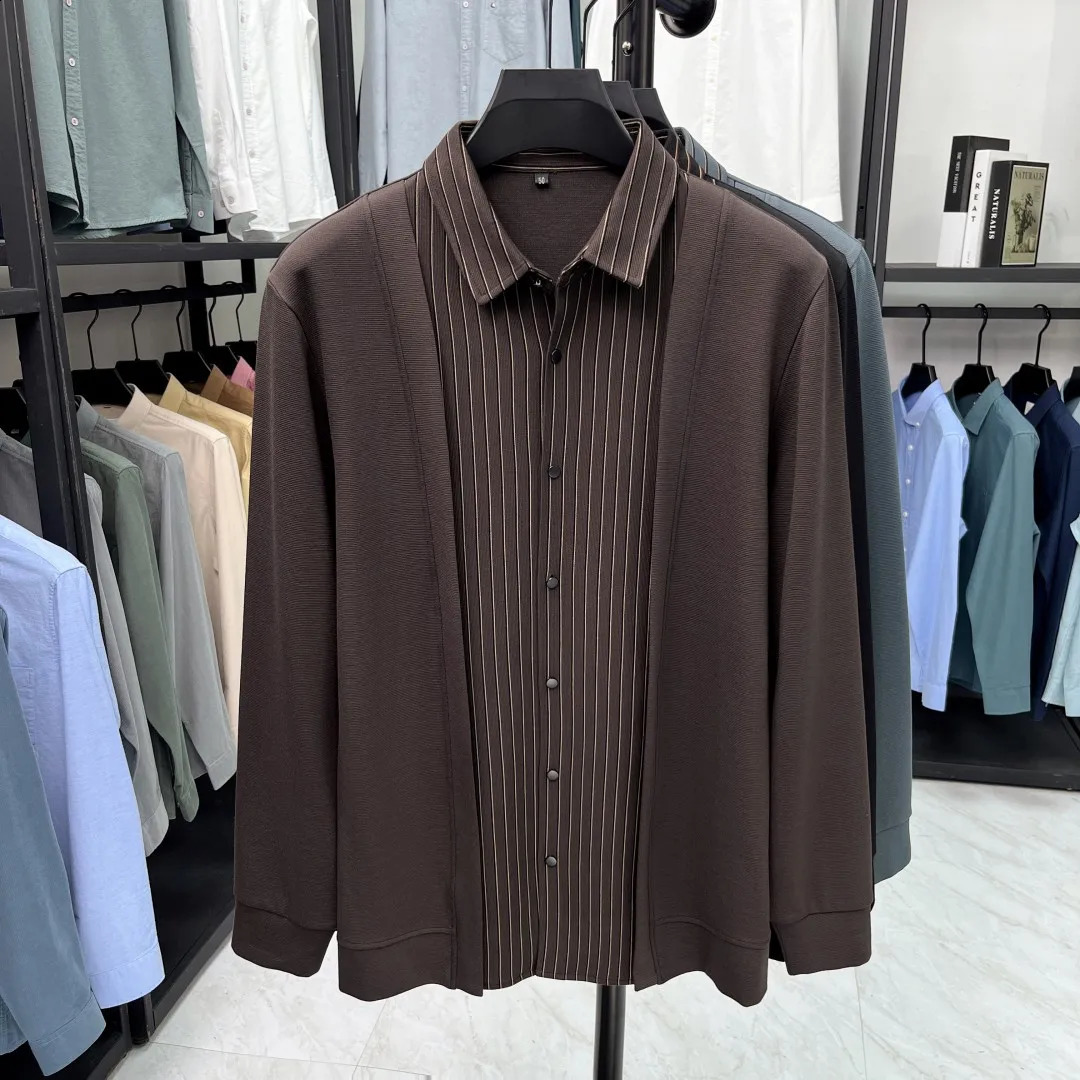 Fashion patchwork shirt collar knitted cardigan sweater mens autumn and winter high-end Korean striped casual sweater jacket 241007