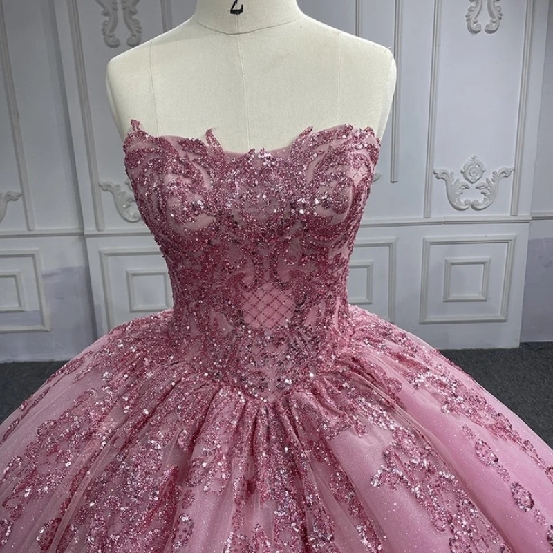 Luxury Pink Glittering Sweetheart Quinceanera Dresses Off Shoulder Sequin Applique Lace Beads Tulle Vestidos De 15 Anos Sweet 16 Dress