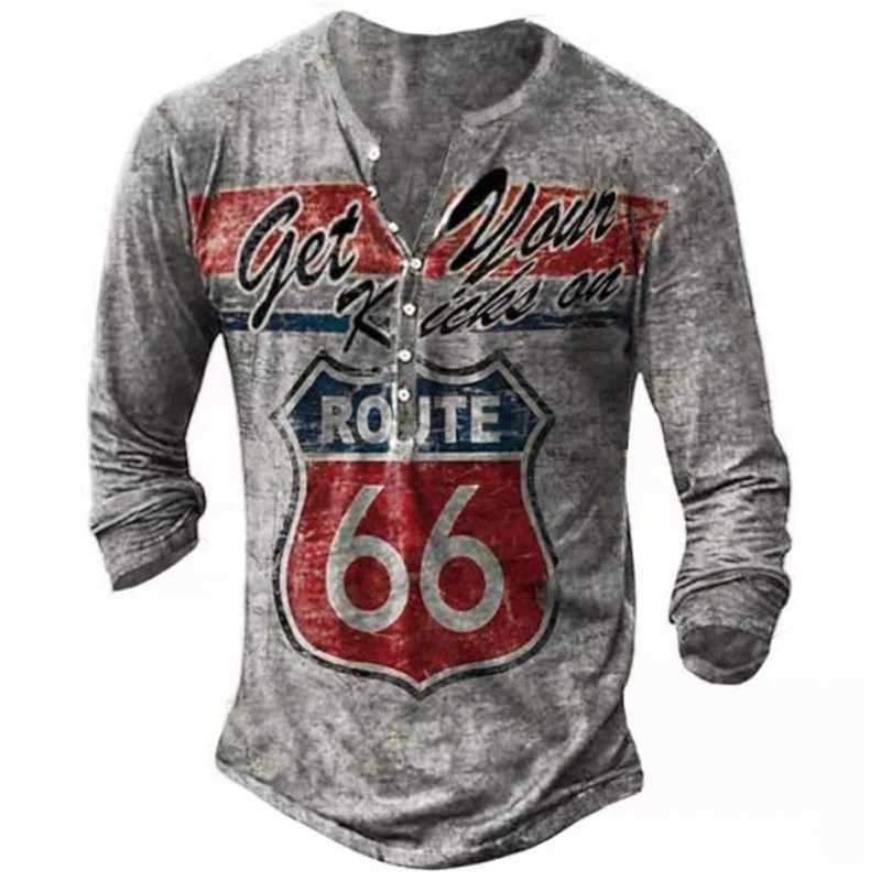 Retro mens T-shirt with buttons spring/summer cotton V-neck long Sleeve Route 66 letter printing mens oversized T-shirt CL241009