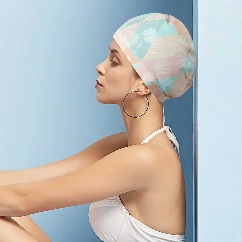 Adult printed fabric swimming cap womens waterproof earmuffs long hair swimming cap swimming pool accessories CL241009