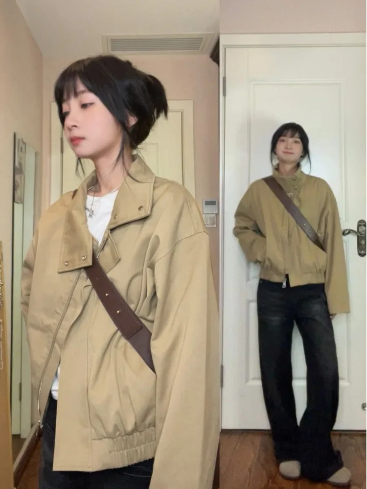 Retro cargo baseball jacket womens loose suit stand collar bomber jacket top Harajuku lapel spring and autumn casual jacket 240930
