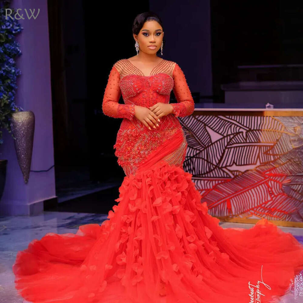R&W 2024 Plus Size Red Prom Dress Mermaid Promdress Illusion Sheer Neck Long Sleeves Beaded Rhies ra Tiered Tulle Birthday Gown Second Reception Gowns