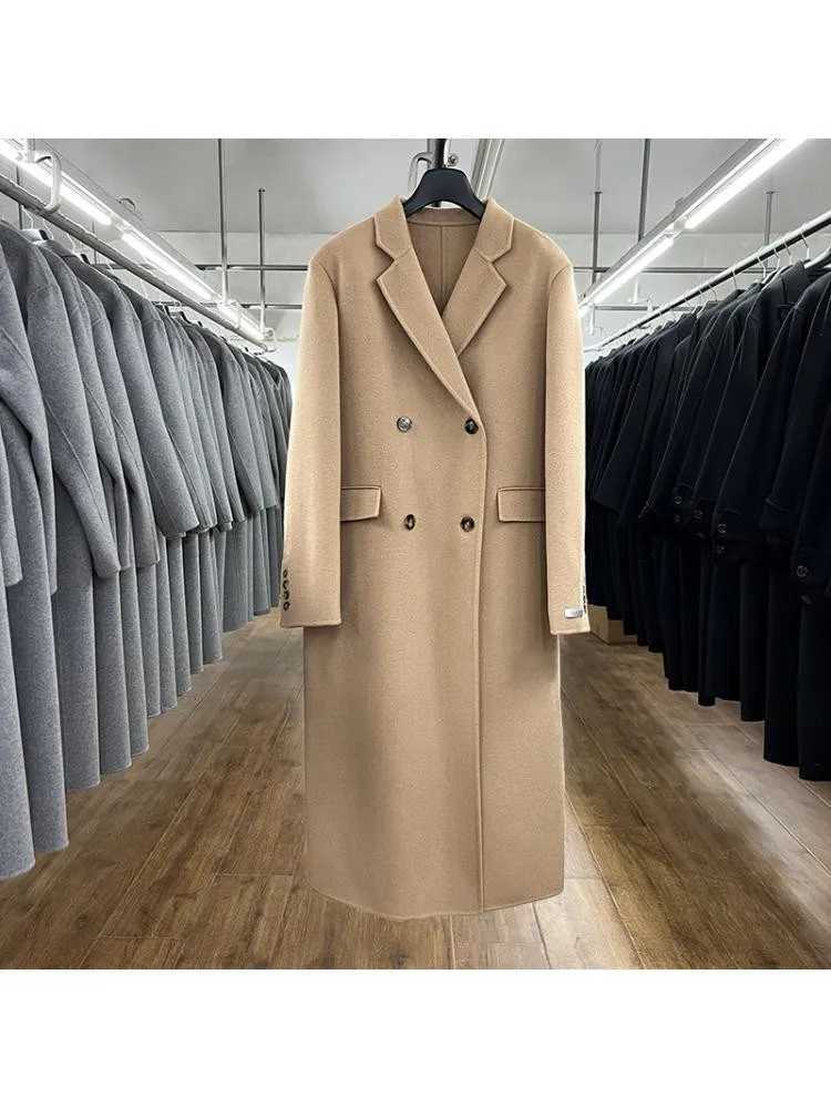 2022 Winter Double Breasted Long Handmade 100% Wool Coat Women Korean Style High End Suit Collar Loose Woolen Jacket OvercoatX241009