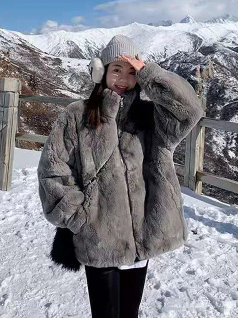 Plush jacket womens winter Rex rabbit fur medium long loose thick hooded womens jacket Ins 241007