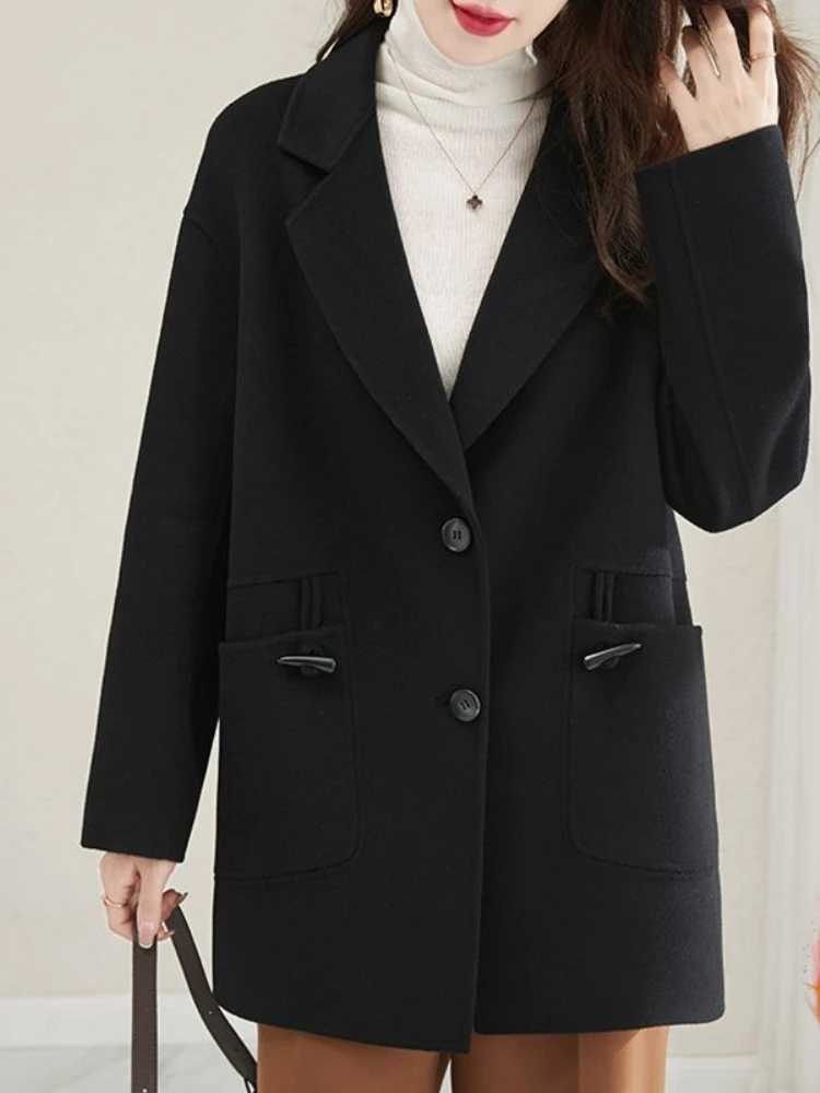 Blends Coat Women Wool Jacket Vintage Turn Down Collar Pockets Spliced Long Outwear Button Elegant Thick Autumn WinterX241009