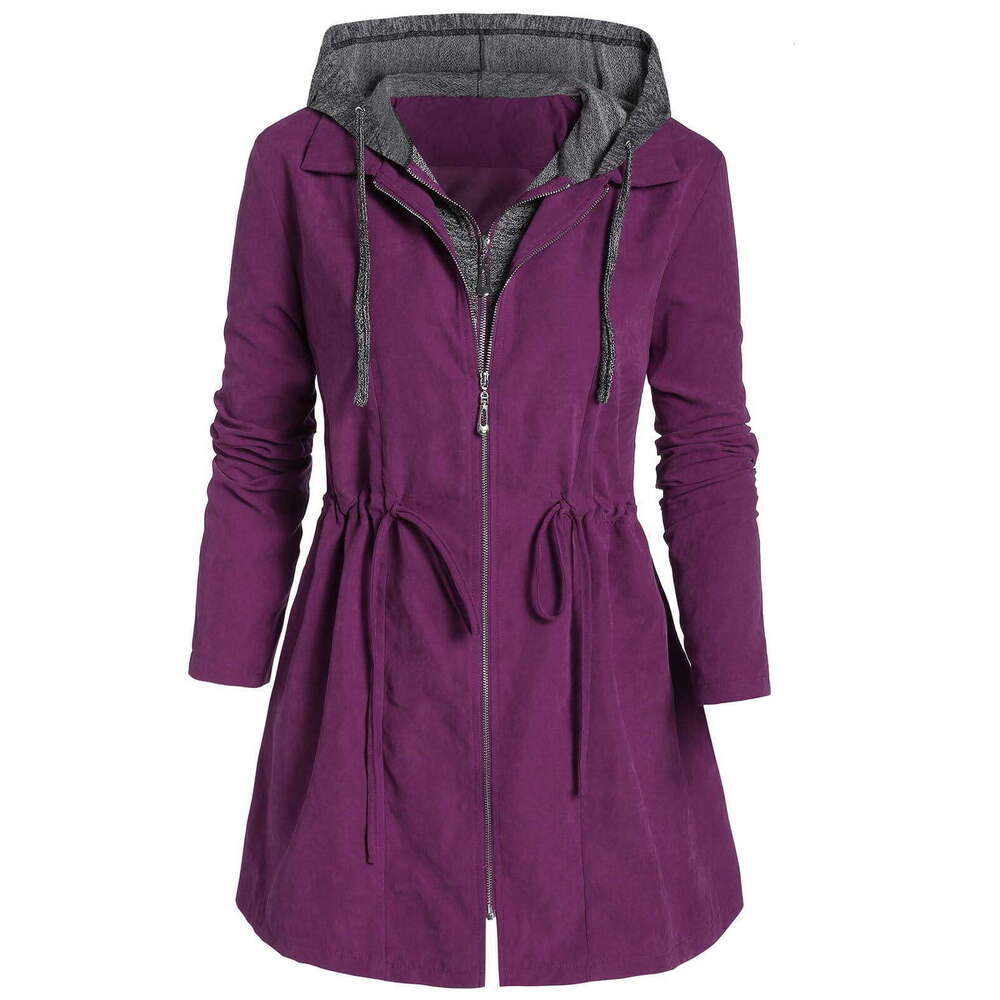 Mid to long womens autumn and winter coat with double zipper fake two-piece hooded plus size stylish clothes for women