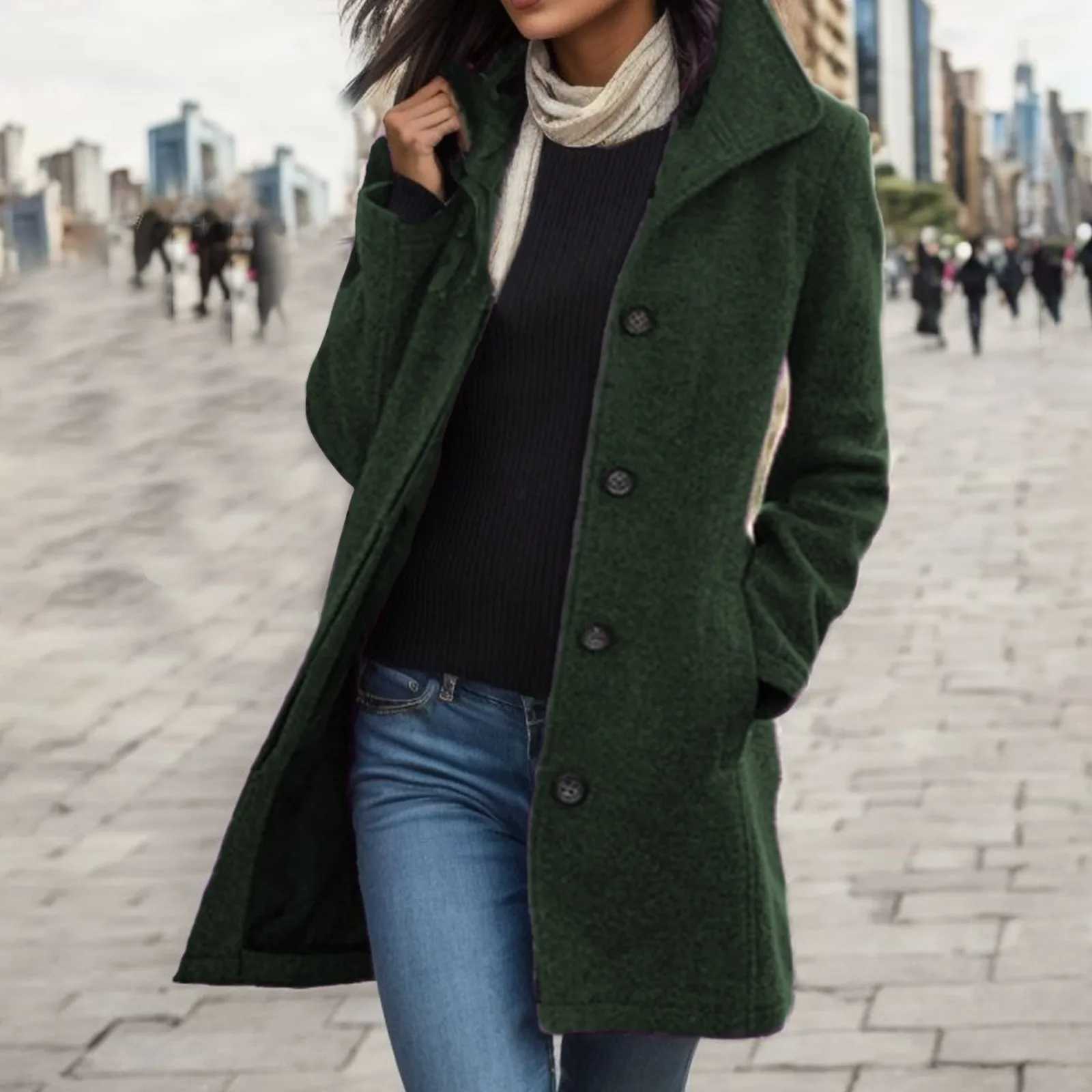WomenS Solid Color Woollen Overcoat Thick Woolen Overcoat Mid Length Pockets Woman Winter Jackets Versatile Appear Thin ClothesX241009
