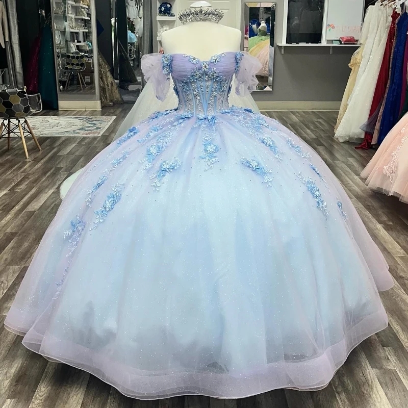 Sky Blue Quinceanera Dresses Sweet 16 Dress Birthday Party Gown Off Shoulder Applique Lace Beads Princess Pageant Vestidos 15 XV Anos