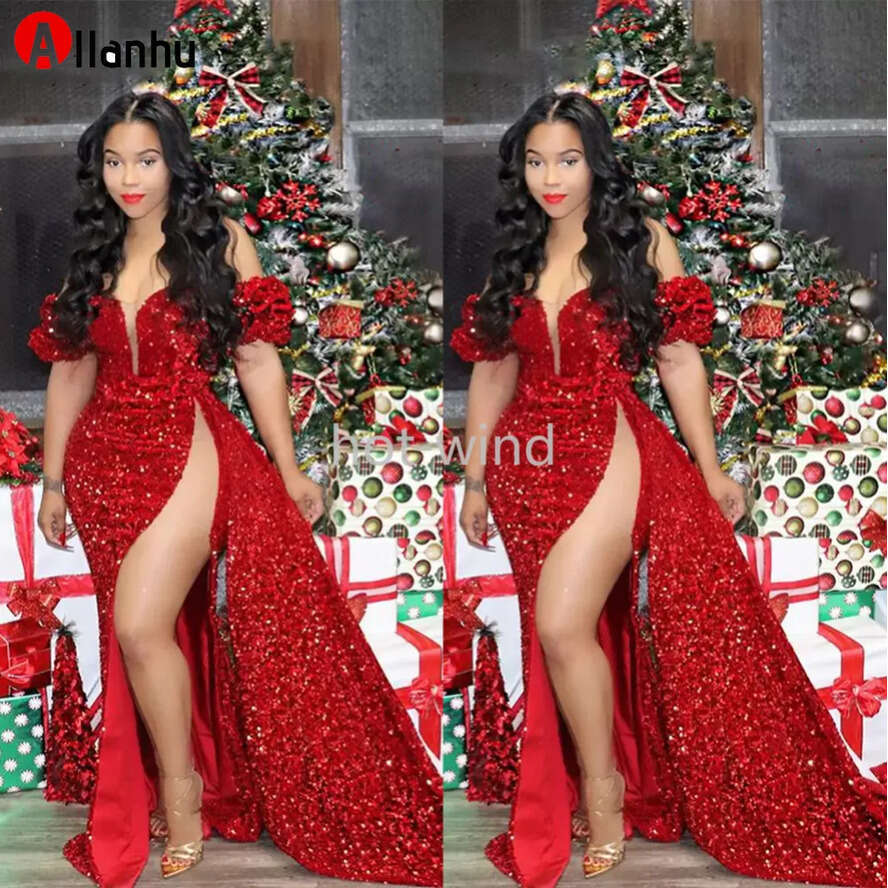 2022 Plus Size NEW Urious Sparkly Sequined Prom Dresses High Split Off Shoulder Evening Formal Party Second Reception Gowns Xu