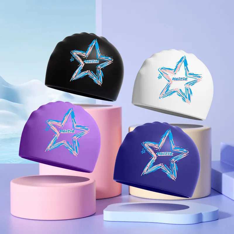 Silicone swimming cap universal elastic large-sized adult printed swimming cap suitable for women men long hair ear protection swimming cap CL241009