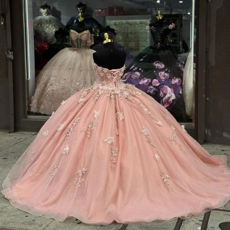 Light Pink Shiny Princess Sweetheart Ball Gown Quinceanera Dresses Long Sleeve Beaded Appliques Party Gowns Vestidos De 15 Anos Sweet 16 Dress