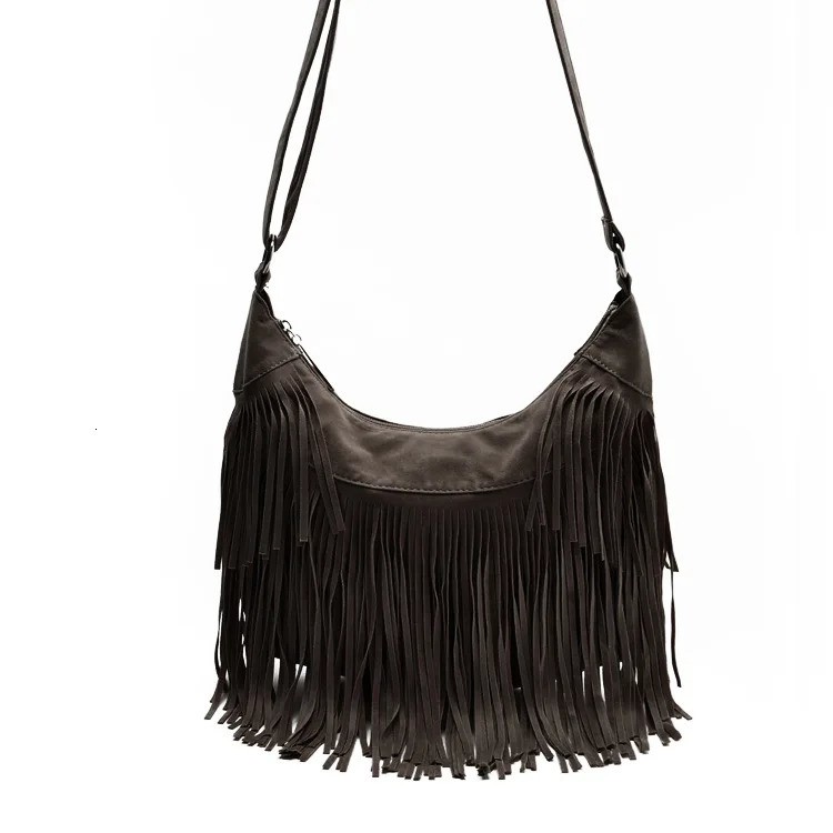Vintage Bohemian Edge Messenger Cross Body Bag Wallet Womens Tassel Handbag Solid Color Tassel Shoulder Bag 241008