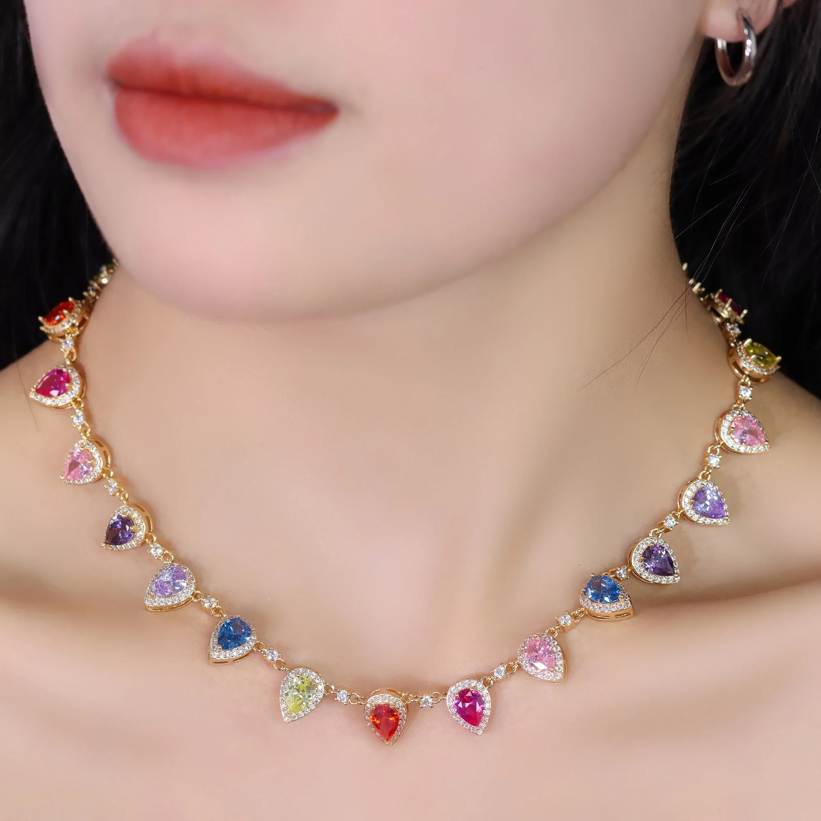 Fashionable Sweet Rainbow Candy Colorful Water Drop Shaped Splicing Zircon Copper Gold Plated Necklace for Women 240929