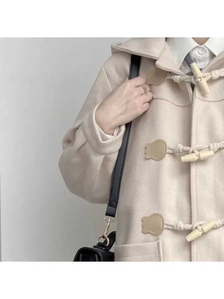 Winter Thick Hooded Blends Women Tender Sweet Horn Button Preppy Style Casual Girl Baggy Japanese Fashion Pockets Warm OvercoatsX241009