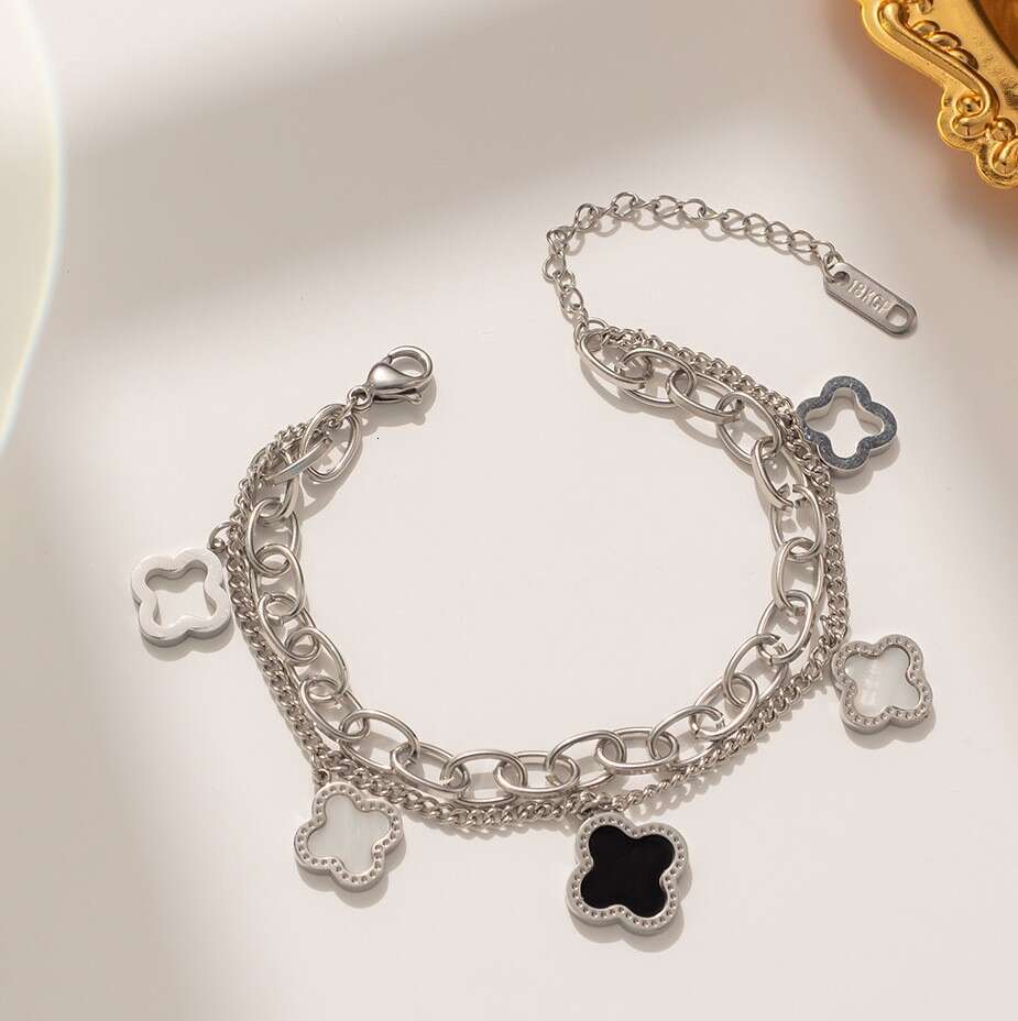 Clover Bracelet Women Luxury Designer jewelry double-layer 4/ Leaf Bracelets 18K Gold Silver Plate Agate Diamond Fashion Charm Chain Wedding Gift Part