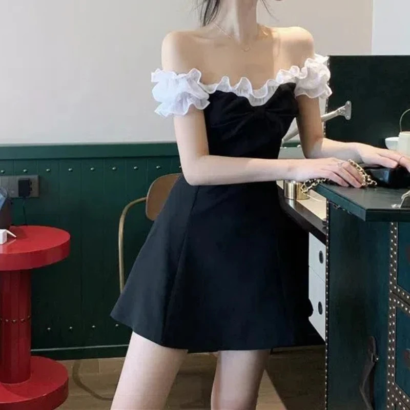 Womens clothing summer pull short sleeved patch work embroidery flame bow line party office womens knee ski dress 241007