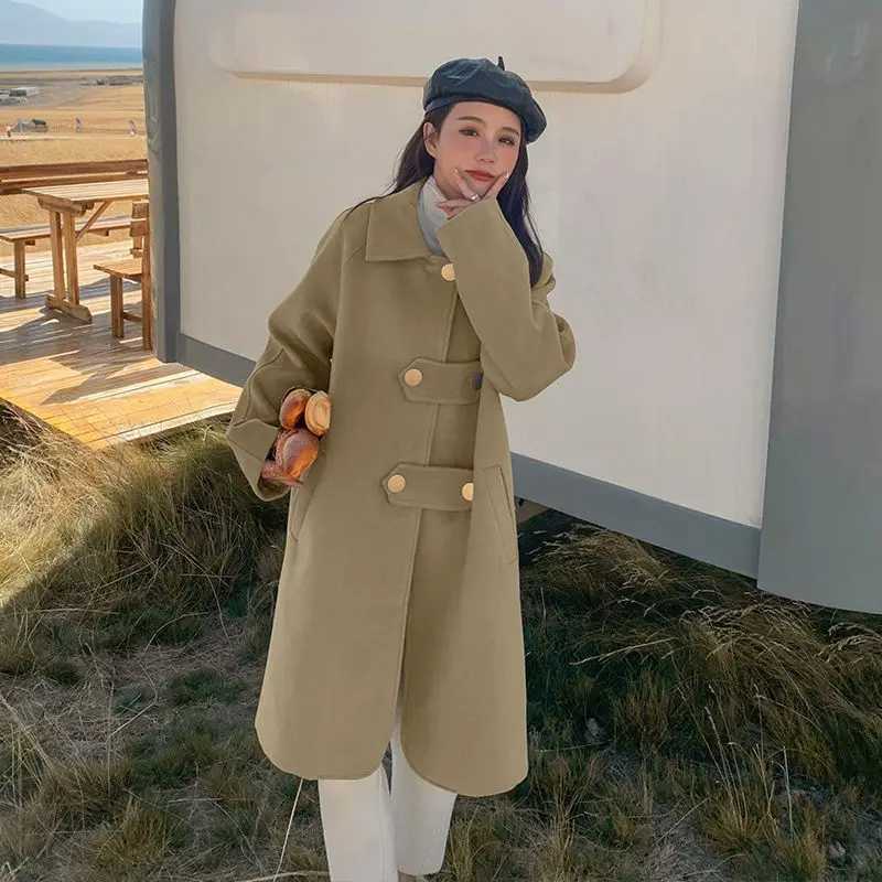 Woolen Coat With Large Button Lapel Design Haze Blue Solid Color WomenS Mid-Length 2024 Winter New Woolen CoatX241009