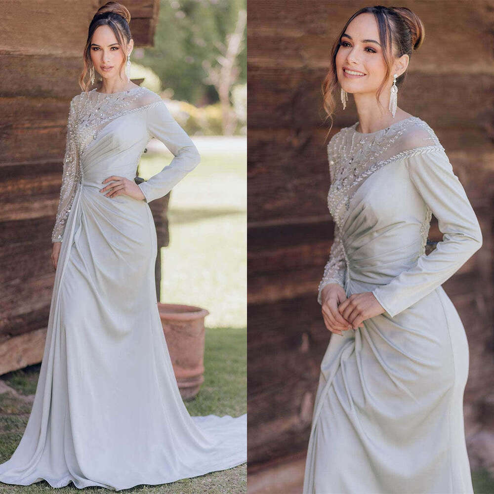 Ful Evening Dresses Mermaid Appliques Sequined Beading Long Sleeve Prom Gown Party Dress Vestido De Noite Customized 0228Lz