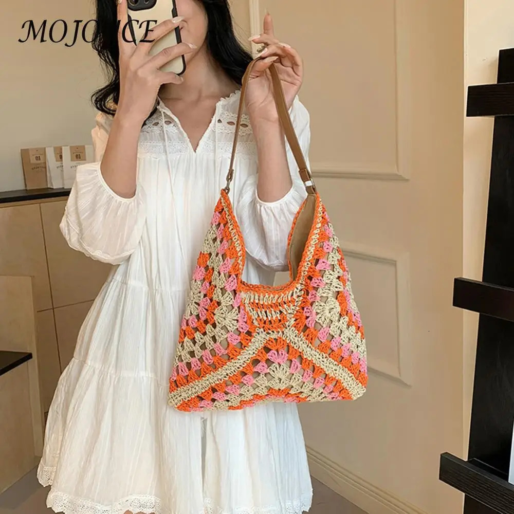 Womens Fashion Grandma Bag Large Capacity Crochet Stray Bag Hollow Handbag Patch Work Buckle Close Outdoor Travel 241008