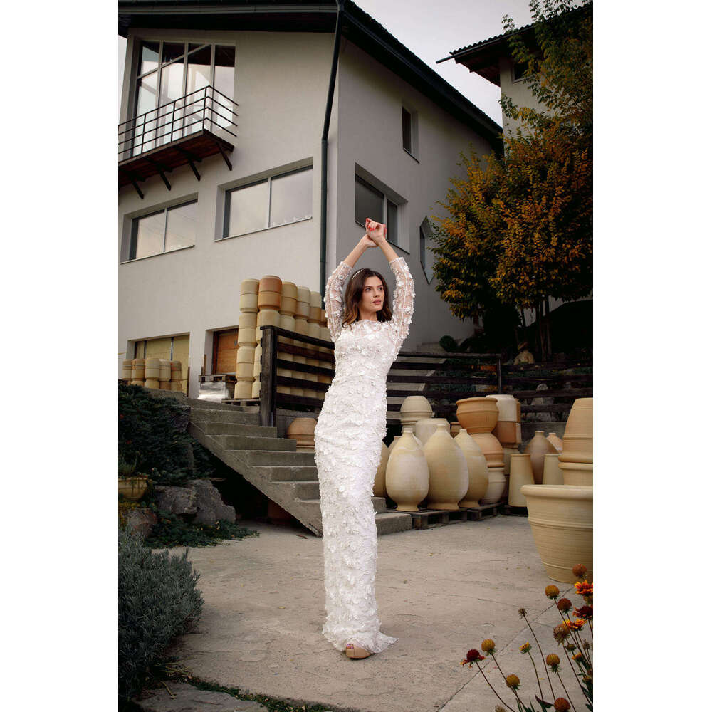 Elegant Wedding Dress Mermaid O-Neck Pearls Appliques Lace Long Sleeve Princess Bride Vestido De Noiva Custom Made