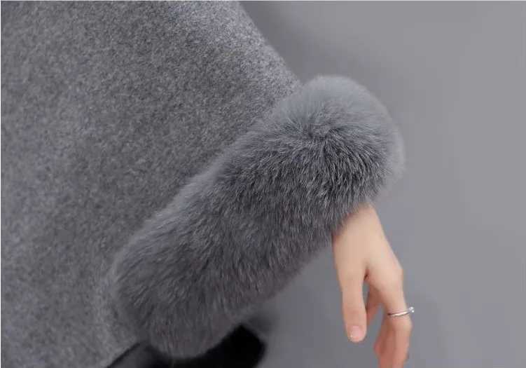 Winter Woolen Collar Poncho Jacket for Women Elegant Batwing Fluffy Sleeve Cloak Shawl Coat Fashion Long Cape Outwear OvercoatX241009