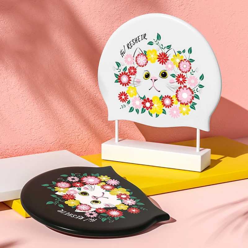 Cartoon swimming cap fashionable printing silicone swimming cap womens large long hair earmuffs swimming pool accessories CL241009