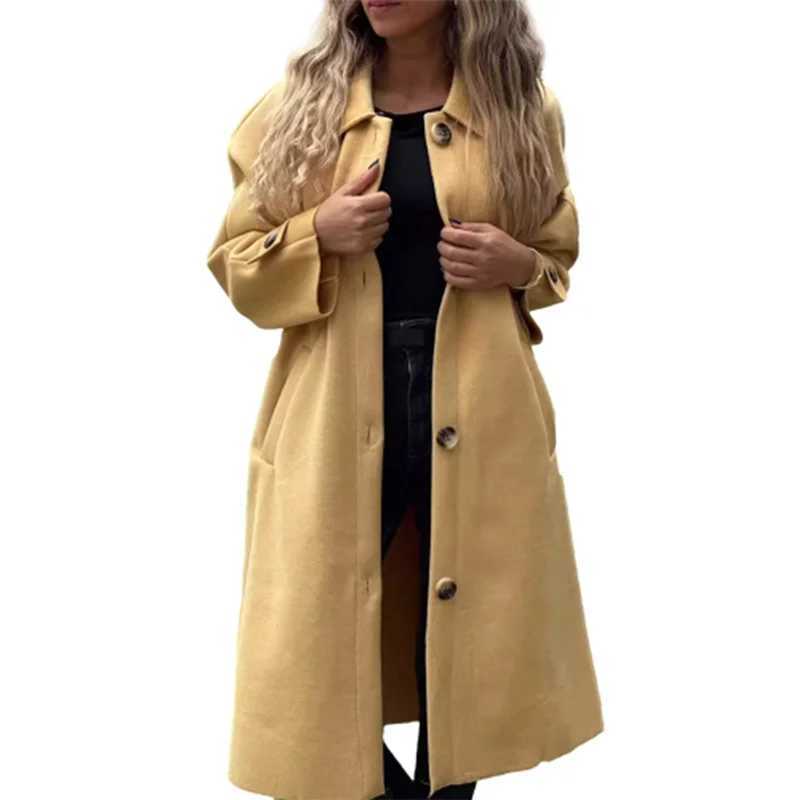 Autumn Winter Single-breasted Cardigan Tweed Jacket Women Large Lapel Double Pockets Long Outerwear Female Casual Commuter CoatX241009