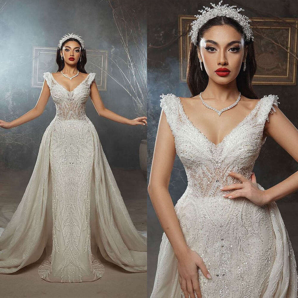 ful Wedding Dresses Mermaid V-Neck Sequined Detachable Train Sleeveless Princess Bride Dress Vestido de novia Custom Made