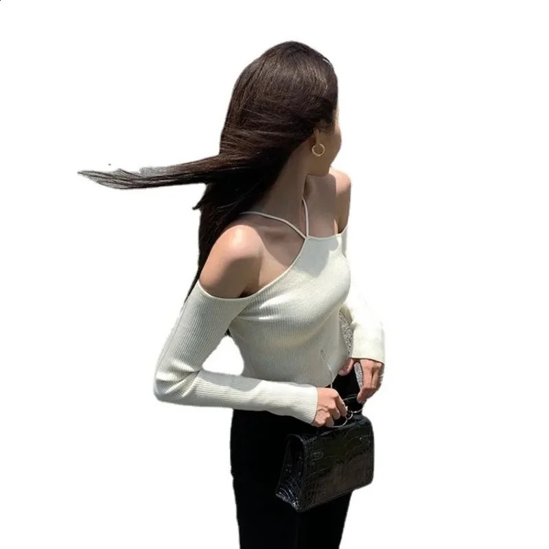 Fashion Pullover Korean Streetwear Womens Sweater Sexy Off Shoulder Ultra Thin Knitted Sweater Long Sleeve Strap Knitted Top 240927