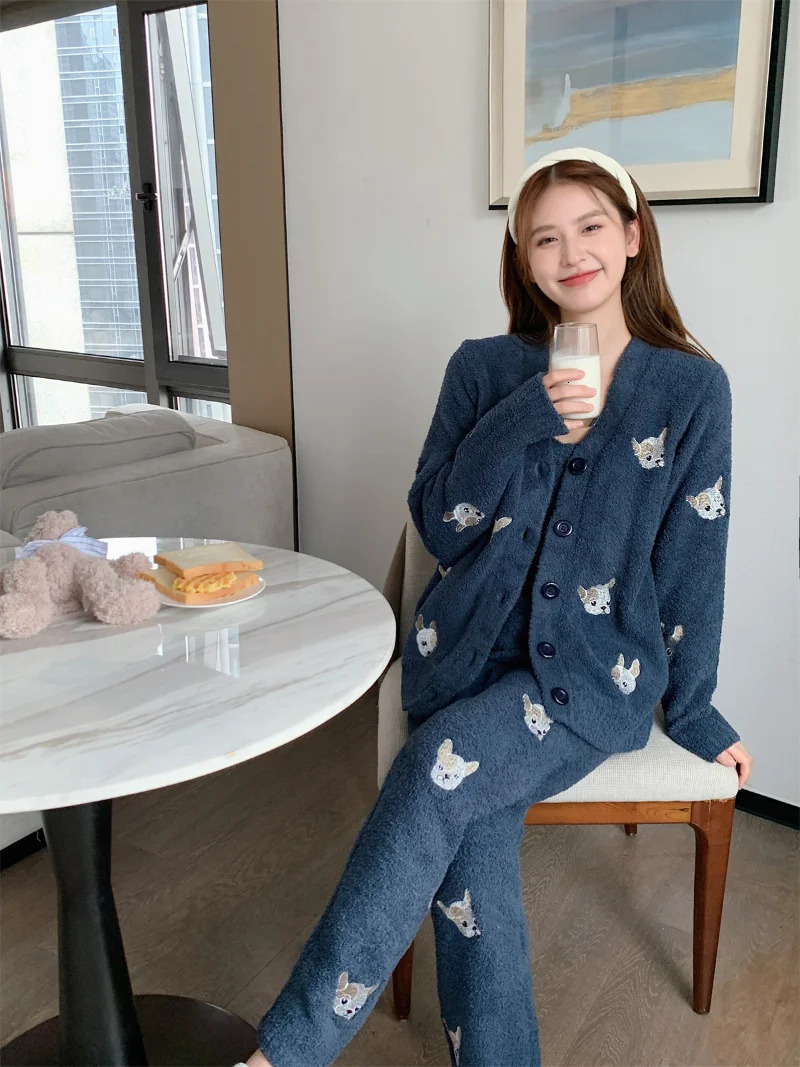 Autumn Winter Fashion Casual Pama Sets V-Neck Cardigan Trousers Pijamas Feminino Cute Cartoon Embroidery Loose Homewear Suit