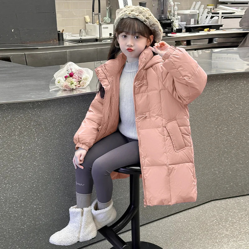 Winter Parkas warm cotton childrens jacket hooded solid jacket suitable for girls outerwear pink purple childrens clothing 5-12 years TR256 240927